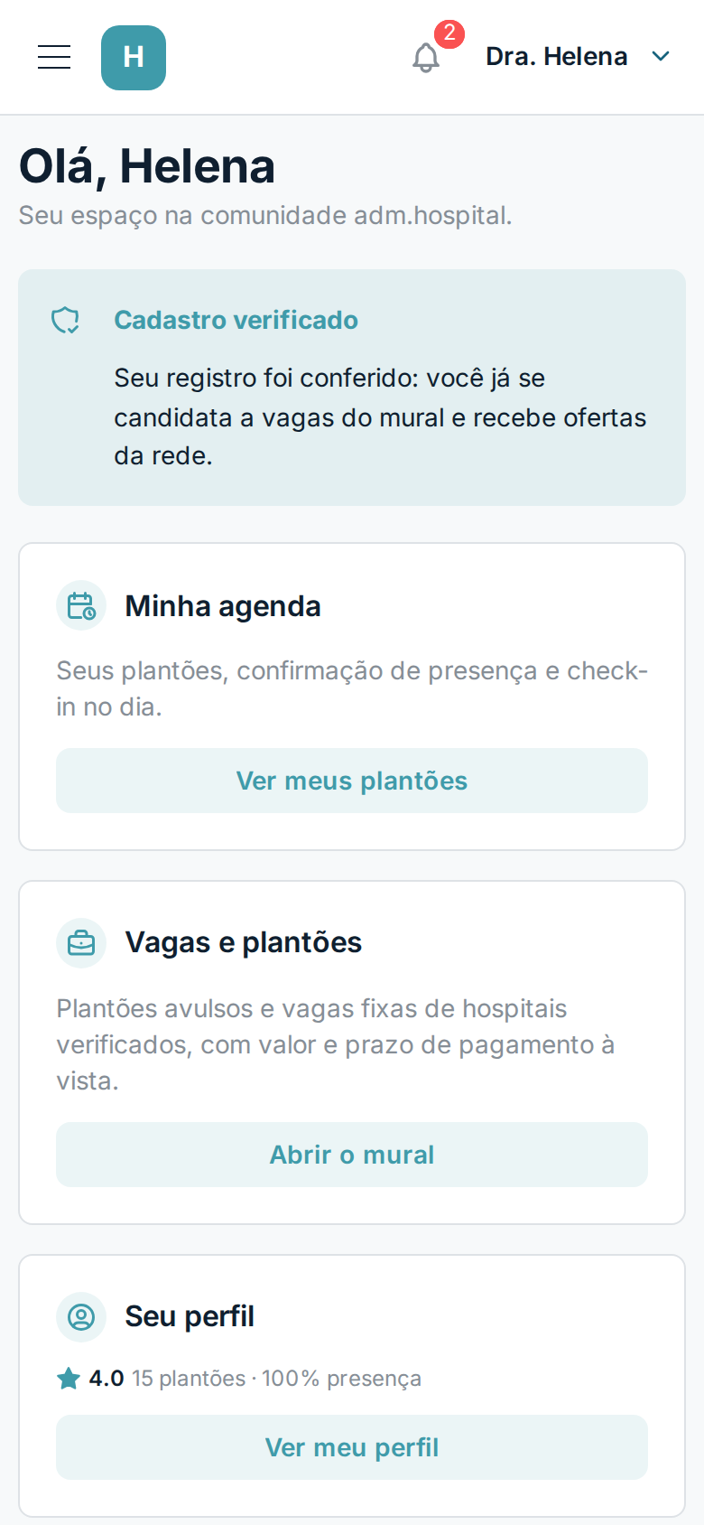 Tela inicial do app no celular, com agenda, vagas e perfil do médico