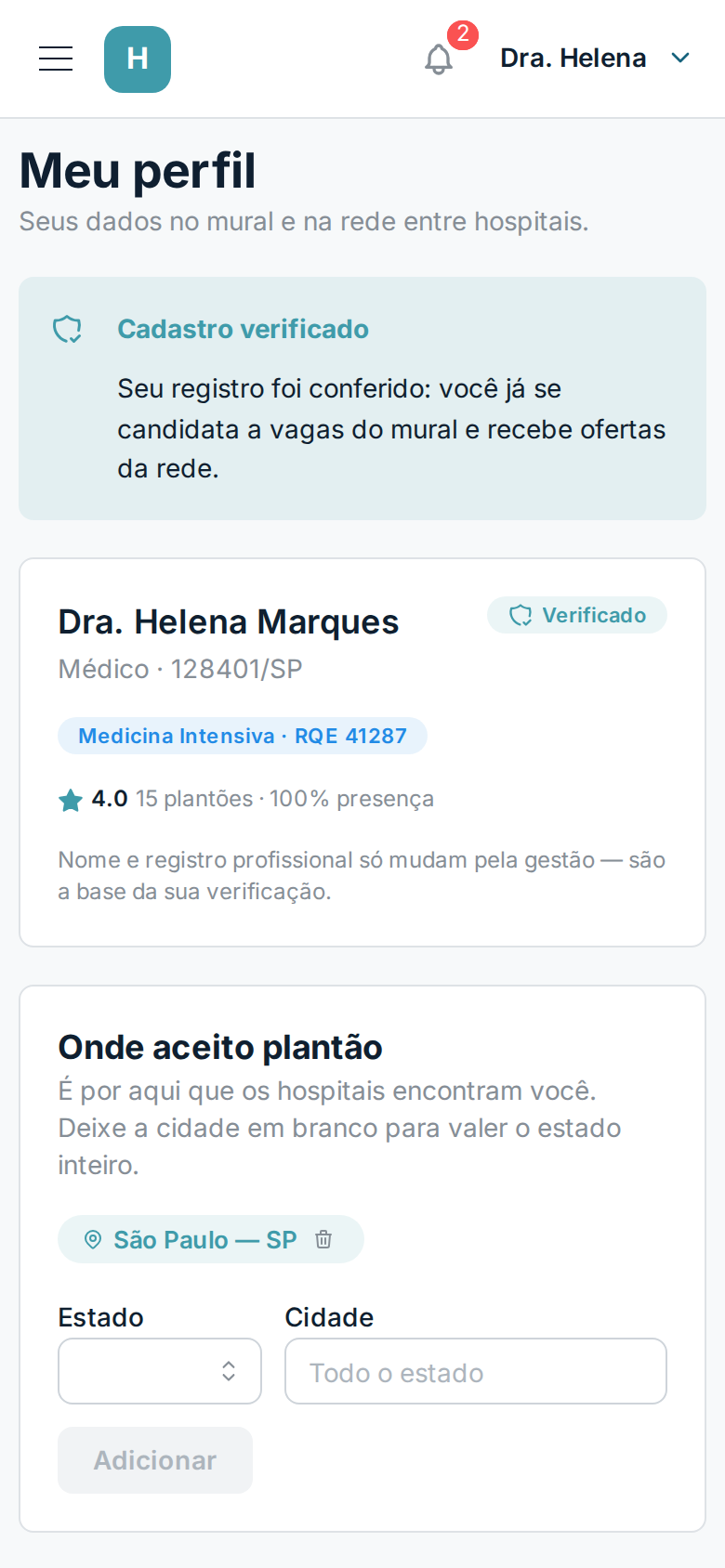 Meu perfil no celular: registro verificado, especialidades, documentos e reputação