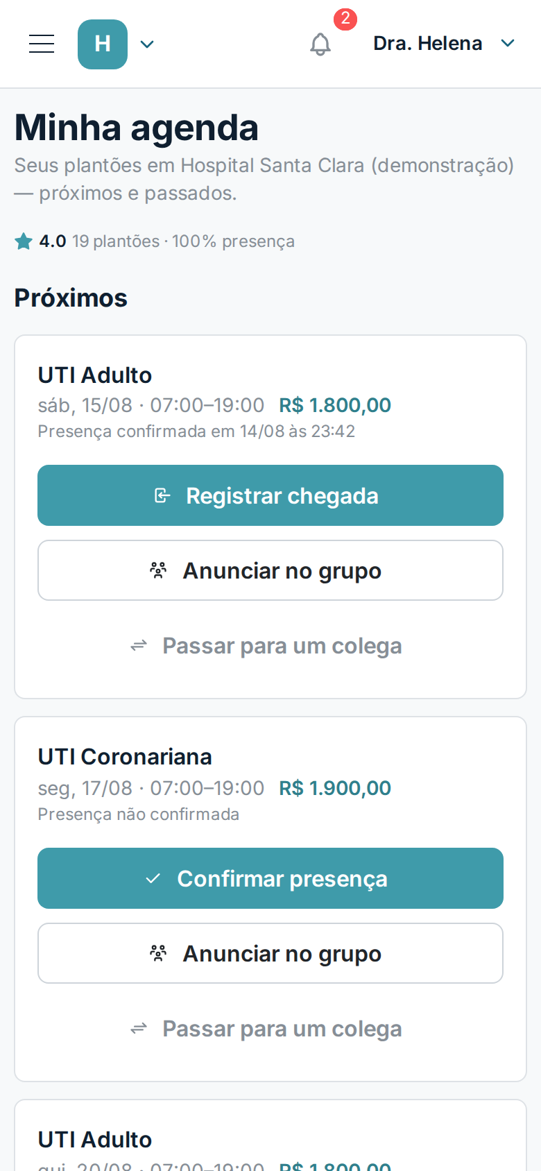 Minha agenda no celular: os plantões do mês com valor, confirmação de presença e a opção de passar para um colega