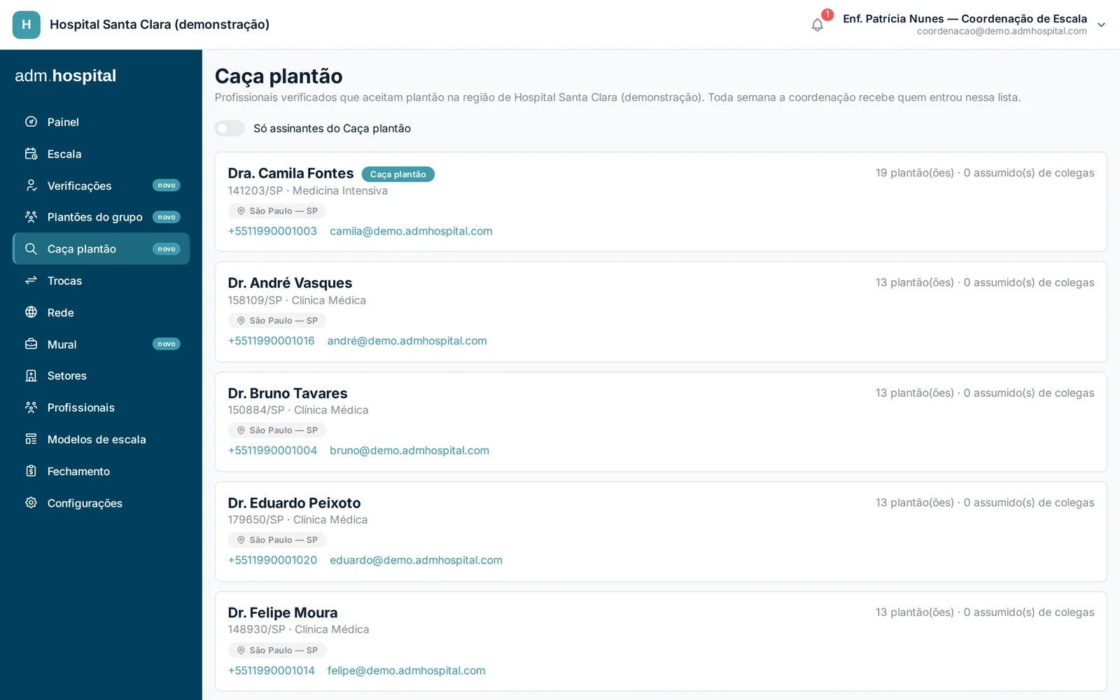 Lista de médicos verificados que aceitam plantão na região do hospital, com registro, especialidade e contato