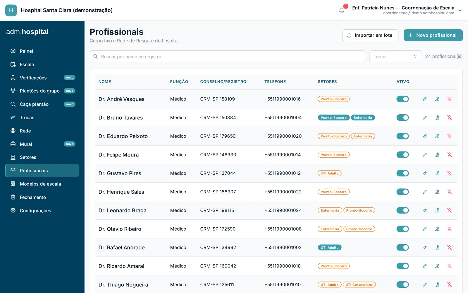 Lista de profissionais do hospital, com registro verificado, especialidade e situação dos documentos