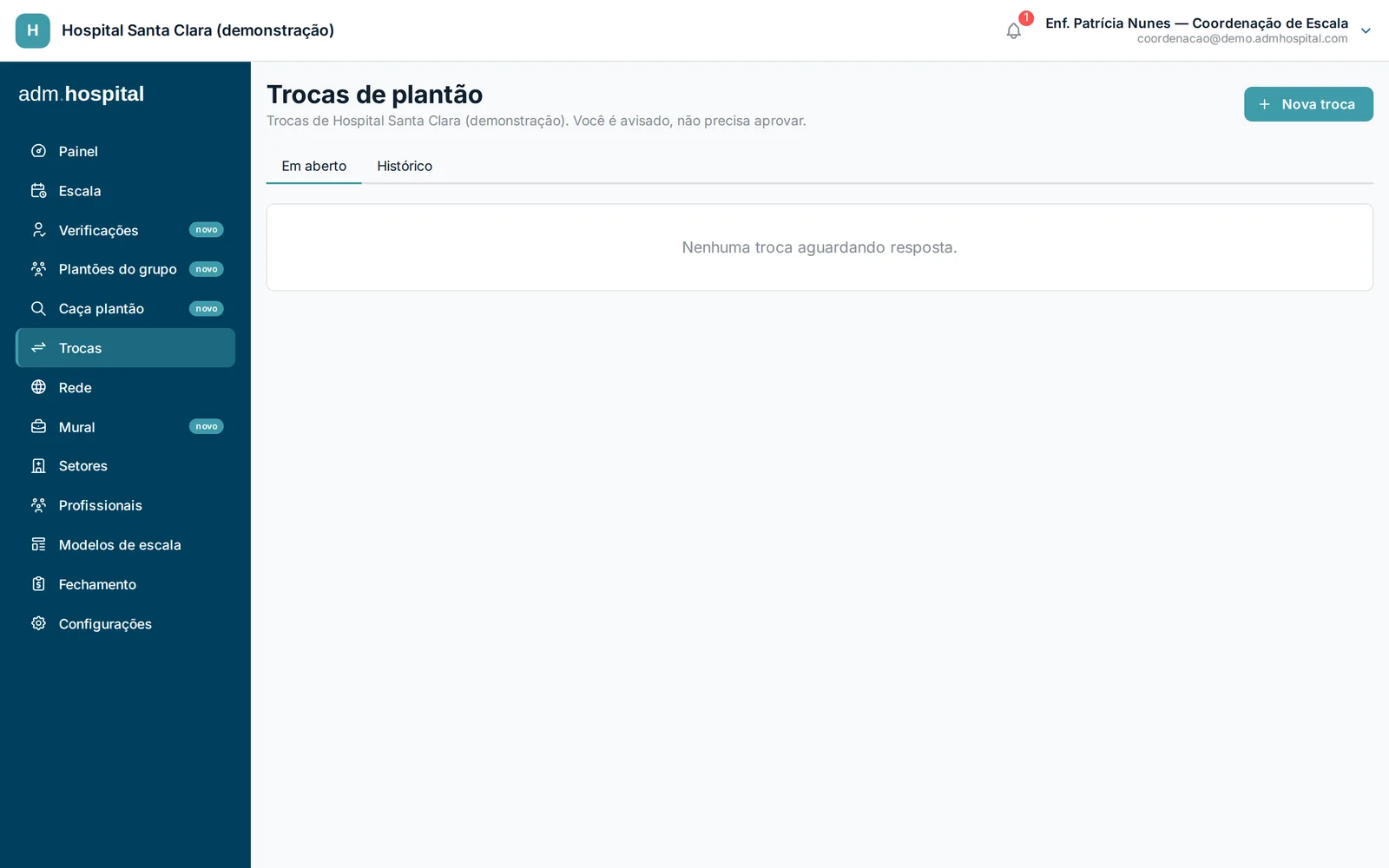 Tela de trocas: os pedidos de passagem de plantão e quem assumiu cada um